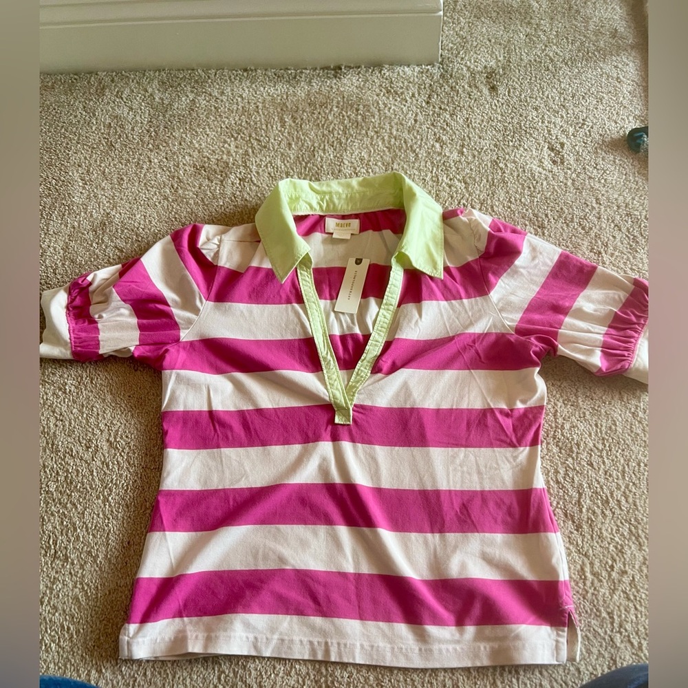 NWT Anthropologie Maeve Pink and White Striped Polo Shirt